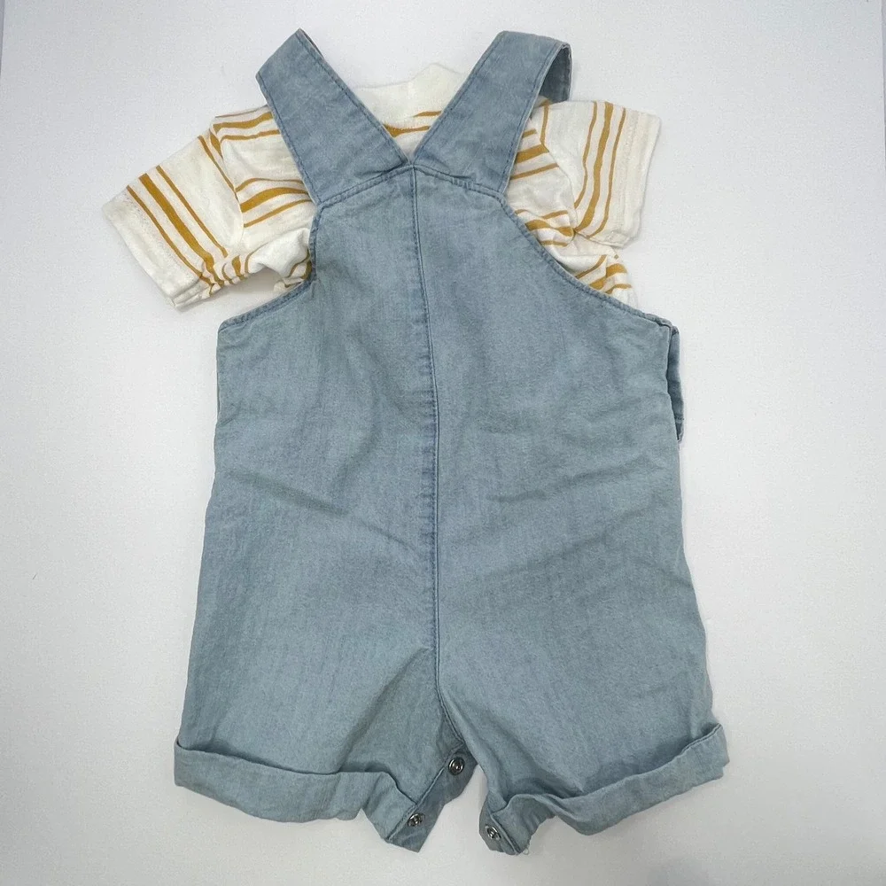Carter's 6M Denim Overalls 2 Shirts Lot Cute Outfit Light Wash Playwear Unisex